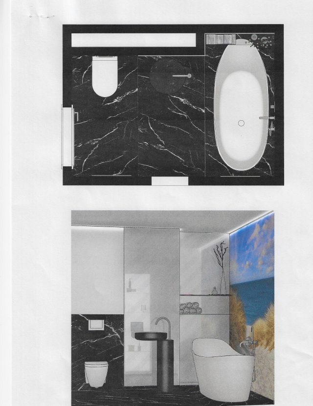 Badplanung-Beispiel: Grundriss mit freistehender Badewanne und 3D-Visualisierung